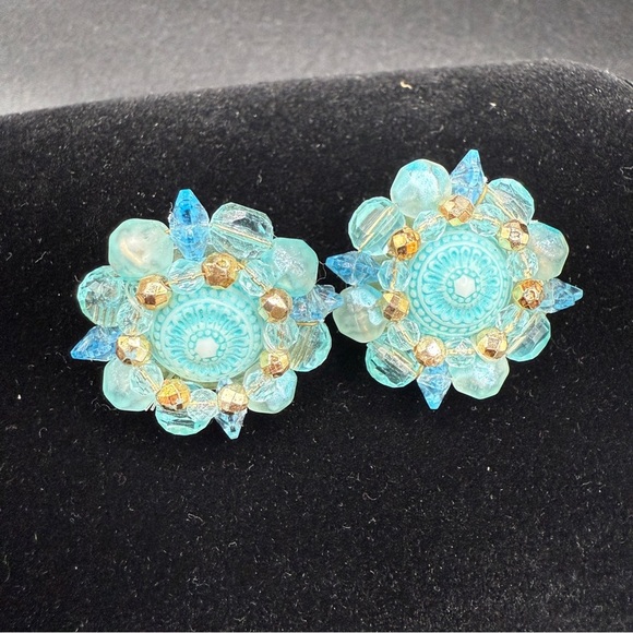 Vintage West Germany Signed 1950s Blue Cluster Earrings - Clip On - Picture 3 of 10